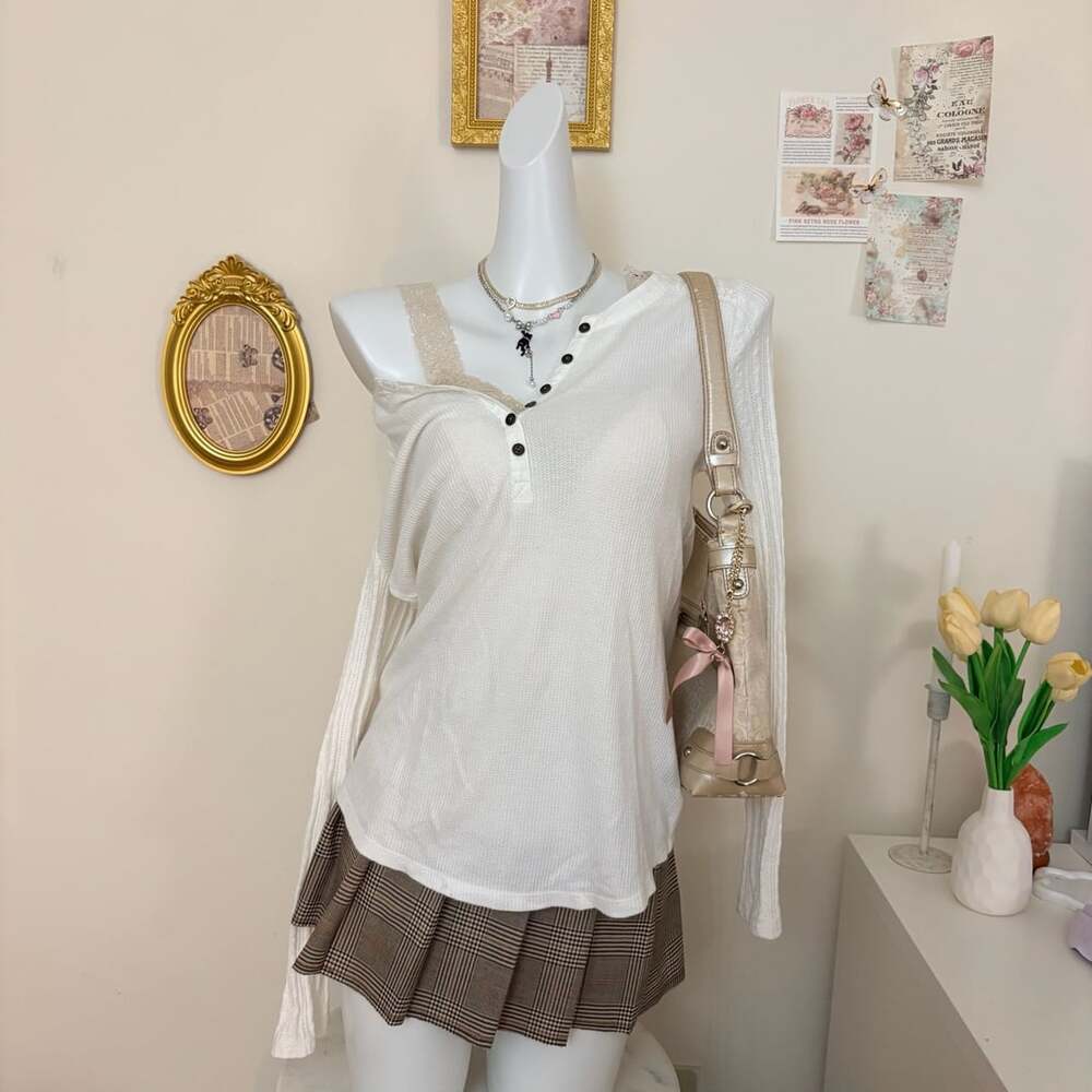 Sonoma White Thermal Waffle Knit Henley Top Long Sleeve Y2K Coquette Womens Size